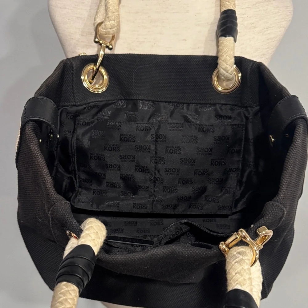Michael Kora Black Canvas Tote with Rope Handles